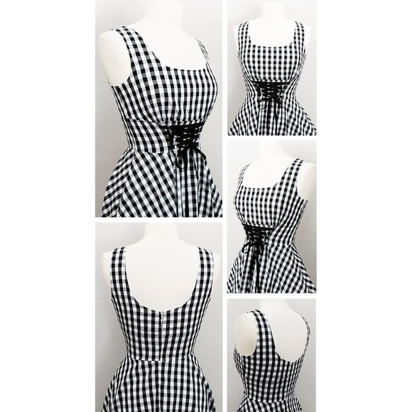 Gingham Checker Laced Up Waist Fit Flared Dress - Picture 4 of 8